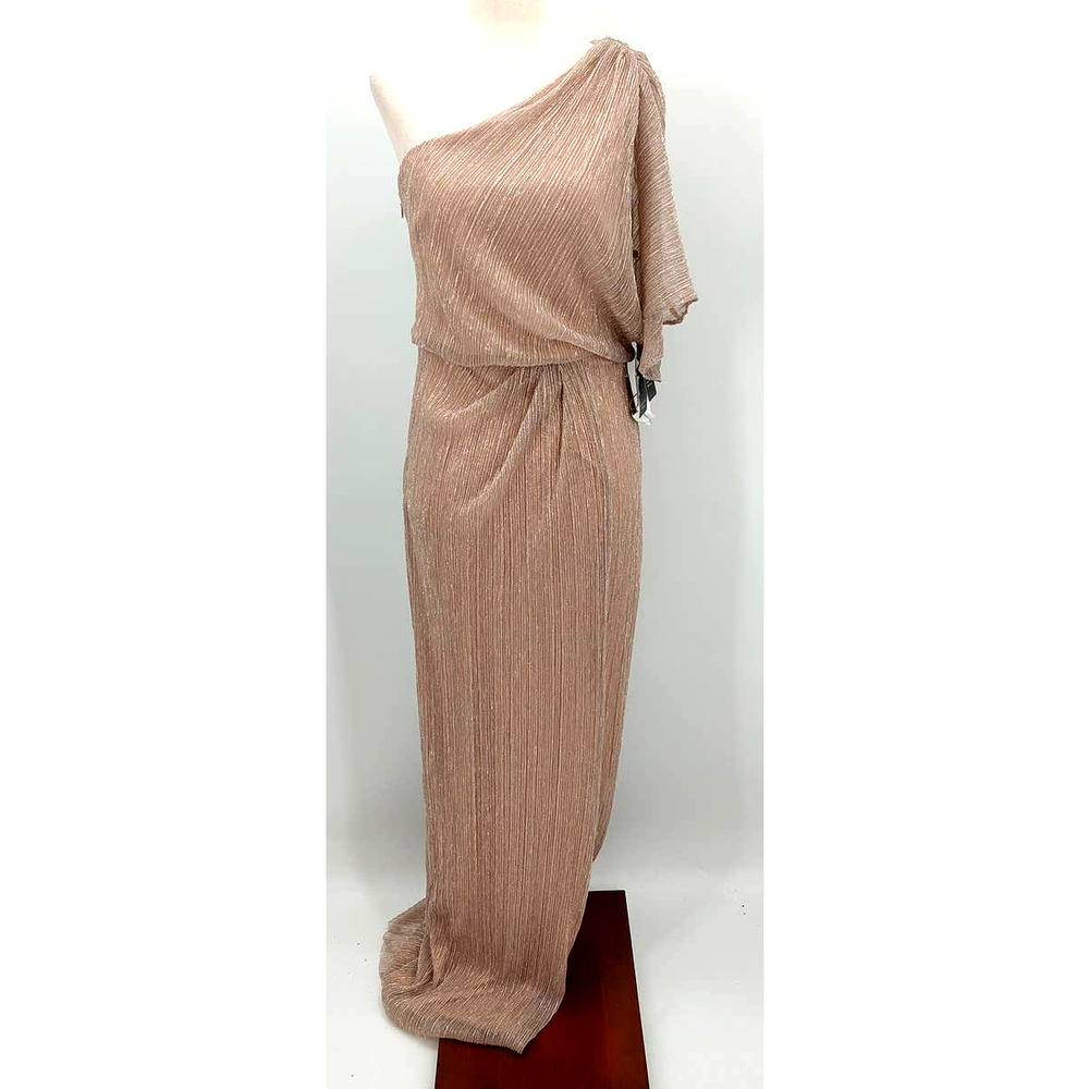 ADRIANNA PAPELL SZ 6 Taupe Mist Metallic Mesh One Shoulder Gown NWT $199 flaw
